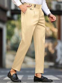 Calvornis Men's Solid Color Waist Buckle Design Pocket Commuter Suit Pants - Beige - View 3