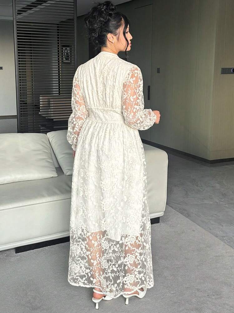Dazy Plus Valentine V-Neck Waist Cinched Elegant Lace Lantern Sleeve Dress, White Party Gown Sundress