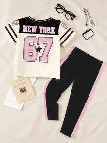 SHEIN 2pcs/Set Young Girls New York 67 Badge Striped Patchwork Slogan T-Shirt And Leggings Outfit,Summer,School,Sport,Back-To-School Fashionable Kids Sets - Multicolor - View 2