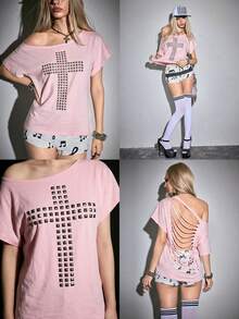 ROMWE Grunge Punk Y2K朋克十字铆钉设计激光切割宽松纯色百搭T恤 - 粉色 - 查看 11