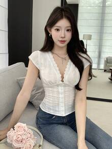 K-Vae Spring/Summer New Vacation Style Patchwork Lace Waist Buttoned Low Collar Sexy Blouse - White - View 6
