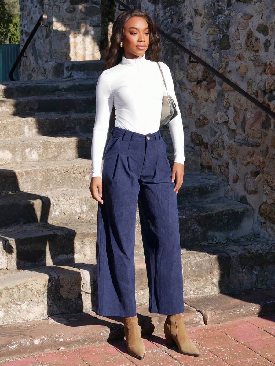 Yess Loren Calça feminina de veludo cotelê grosso e solto, estilo casual de rua, outono/inverno - Azul marinho - Ver 1