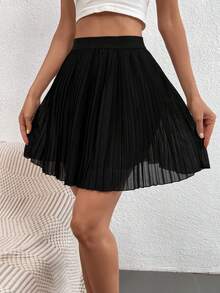 Serisse Solid High Waisted Pleated Skirt Winter Black Casual Spring - Black - View 5