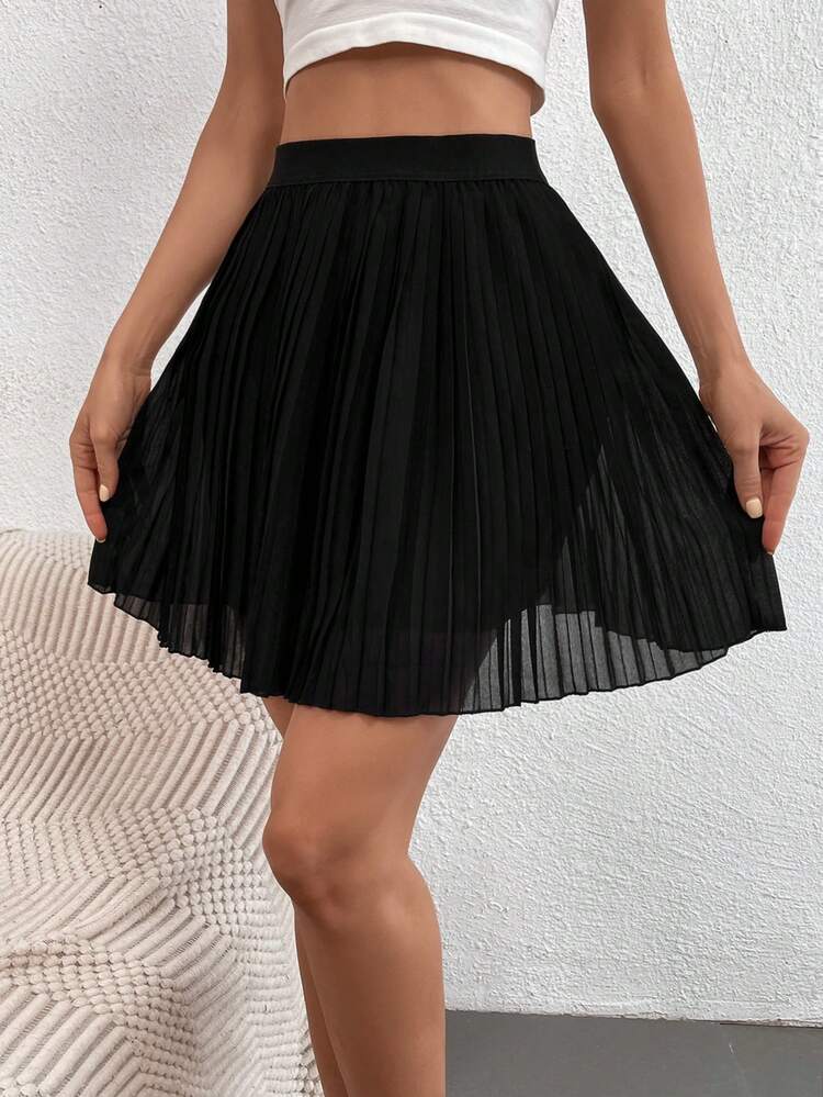 Solid High Waisted Pleated Skirt Winter Black Casual Spring
