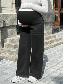 SHEIN 可调节腰围宽松孕妇直筒牛仔裤 - 黑色 - 查看 5