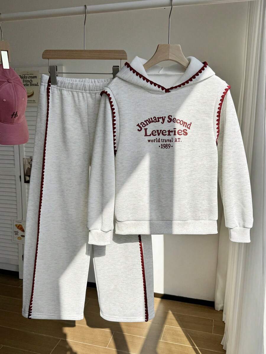 SHEIN Set de 2 piezas de sudadera con capucha y pantalón de chándal de corte holgado con estampado en inglés para adolescentes, diseño con ribete de contraste, adecuado para otoño/invierno, uso al aire libre, escuela, viajes, fiestas, ir y venir - Gris - Ver 1