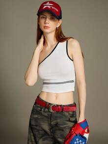 Elnivra Áo tank top nữ màu trắng lệch vai viền đen, áo vest mùa hè dễ thương, trang phục đi biển. - Đen và trắng - Xem 3