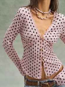 Bohemela Boho Vacation Valentine's Day Music Festival Casual Polka Dot V-Neck Long Sleeve Knit Blouse For Women, Spring/Summer - Pink - View 5