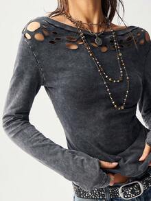 Bohemela Camiseta feminina casual de cor sólida com efeito desgastado, estilo boho, para férias na primavera/verão, inspirada nos anos 2000, para o Dia dos Namorados e festivais de música. - Preto - Ver 5