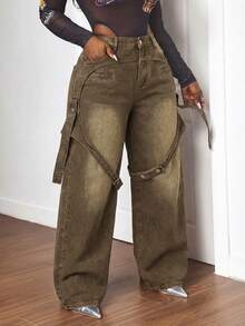Slaydiva Plus Size Fashion Pocketed Straight Leg Loose Fit Jeans - Brown - View 1