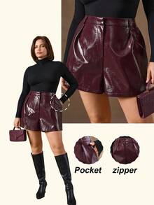 Chikora Quần short ống rộng rộng rãi chất liệu da PU màu trơn cỡ lớn - Màu Đỏ Sâu - Xem 9