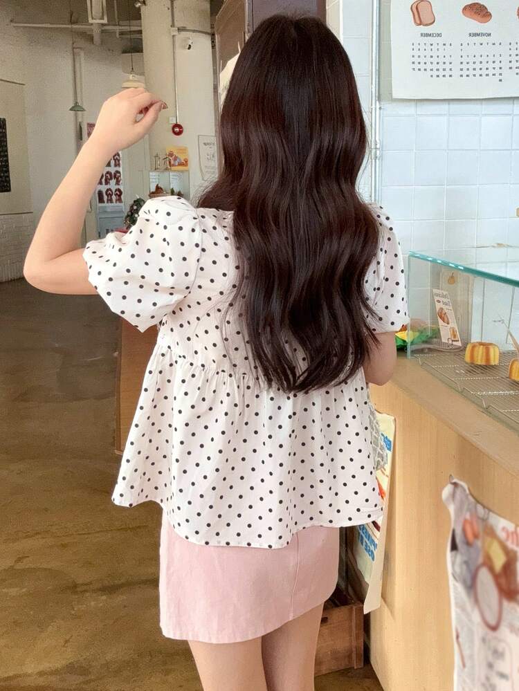 Women's Lace Patchwork Polka Dot Puff Sleeve Blouse, Korean Style For Spring/Summer