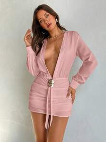 Aloruh Đầm mini trắng tay dài cổ chữ V sâu gợi cảm dành cho nữ mùa Thu/Đông. - Màu Hồng baby - Xem 5