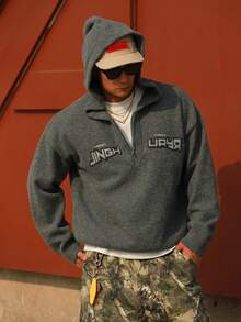 DAZY Men's Letter Print Half-Zip Hooded Sweater, Grey, Autumn - Grey - View 3