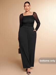 SHEIN BAE Quần tây nữ cỡ lớn màu đen, cạp lệch, cài nút, dáng suông, thích hợp đi chơi, hẹn hò, kiểu quần rộng thùng thình, quần ống rộng, dịp Giáng sinh, tôn dáng, bộ vest, thanh lịch. - màu đen - Xem 7