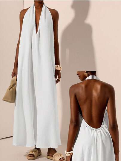 Zivah 20  Spring/Summer New White Textured Deep V-Neck Backless Dress, Suitable For Music Festivals, Easter, St. Patrick's Day, Western, Nomadic, Birthdays, Graduations, Campus, Daily Wear, Casual, Vacation, Cruise Travel, Beach, Sunbathing, Viral, Streetwear, Wedding Guest Bohemian, Commute, Brunch, Airport,Boho Clothes Women