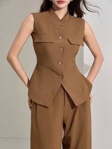 DAZY Women's Stand Collar Cinched Waist Sleeveless Vest And Elastic Waist Wide Leg Casual Suit Set - Brown - View 1