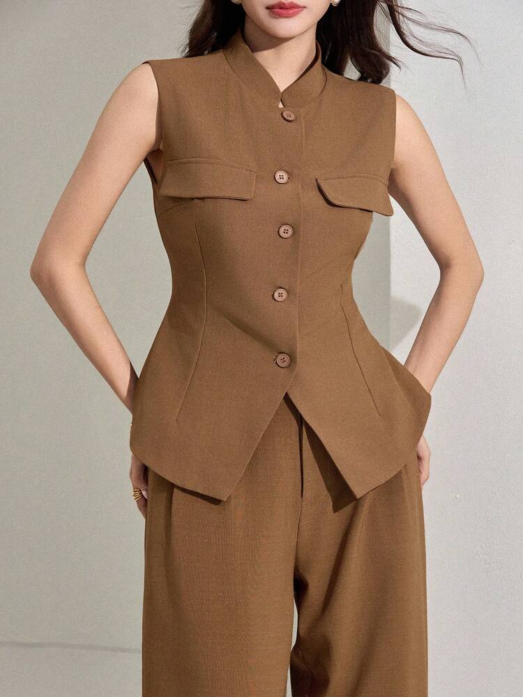 Women's Stand Collar Cinched Waist Sleeveless Vest And Elastic Waist Wide Leg Casual Suit Set