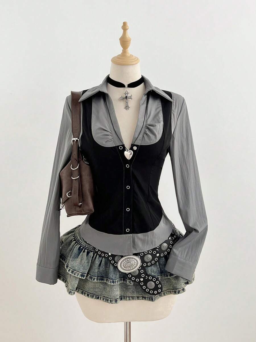 Elamini Camisa de manga larga ajustada con botones de 2 en 1 con diseño de patchwork de colores contrastantes, estilo retro casual y dulce para mujer en la temporada de principios de primavera - Negro - Ver 1