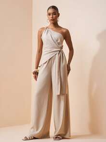 Zivah 2026 Spring/Summer One Shoulder Exposed Shoulder Waist Tie Asymmetric Hem Fitted Top + Loose Wide Leg Pants With Real Pockets, Bamboo Fiber Material, Khaki 2-Piece Set, Spring/Summer Vacation Casual Suit For Women - Khaki - View 3