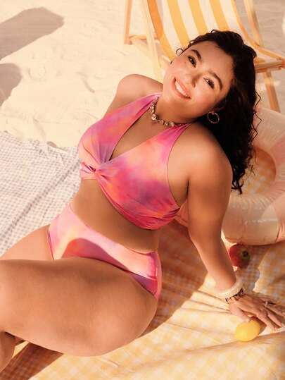 Swim Mod Plus Size Women's Summer Beach Tie-Dye Print Twist Front Sexy Tankini Swimsuit Set