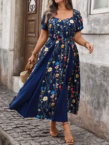 EMERY ROSE Đầm dáng xòe ngắn tay phối màu kiểu Pháp thanh lịch, cỡ lớn, thích hợp cho công sở, thích hợp mặc mùa xuân/hè. - Xanh đậm - Xem 1