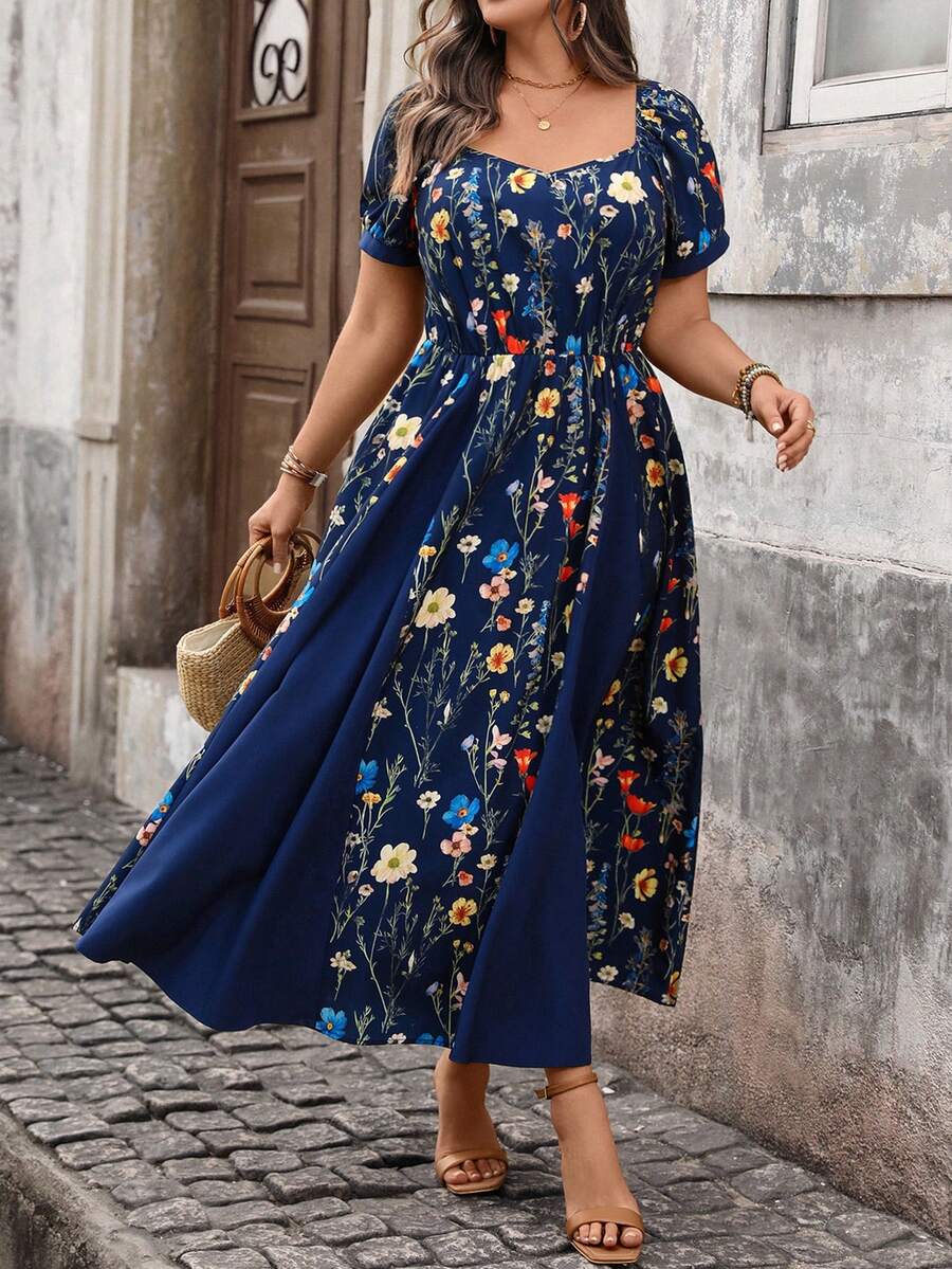 EMERY ROSE Đầm dáng xòe ngắn tay phối màu kiểu Pháp thanh lịch, cỡ lớn, thích hợp cho công sở, thích hợp mặc mùa xuân/hè. - Xanh đậm - Xem 1