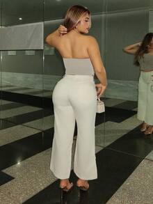 Maria Perezxox Pantalones De Mezclilla Para Mujer Con Parches Holgados Y Decoración De Pelusa - Beis - Ver 2