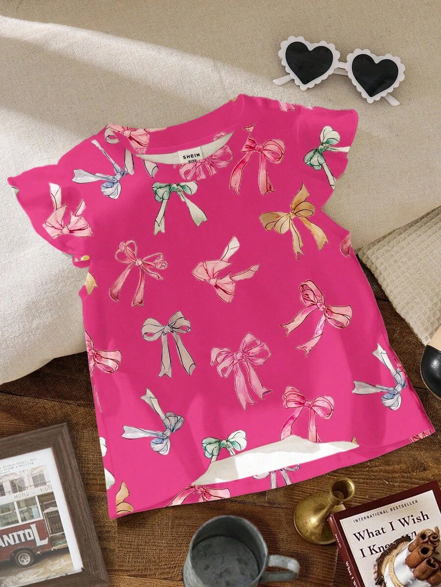 可爱甜美蝴蝶结印花“闪亮旋转”粉色少女休闲时尚可爱短袖圆领上衣,适合春夏穿着 - 彩色 - 查看 1