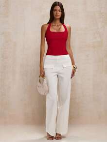 SHEIN BAE Blusa de mujer de unicolor con cuello halter y espalda descubierta, versátil y elegante para citas y fiestas - Rojo - Ver 6