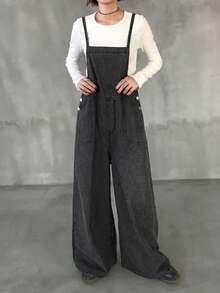 FRIFUL 女士前系带口袋阔腿宽松休闲背带连体裤 - 藍色 - 查看 4