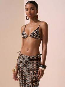Swim Chiccia Women's Geometric Print Bikini 3-Piece Set,Black Summer Casual Vacation Holiday Mesh Sarong Skirt Set,High-End Retro Gold Bead Decor Halter Swimwear - Multicolor - View 1