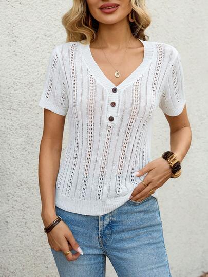 EMERY ROSE Women's Solid Color Button Design V-Neck Short Sleeve Casual Hollow Out Knit Top Summer Tops Summer Outfits For Women Casual Blouses For Women Casual Outfit For Women White Top