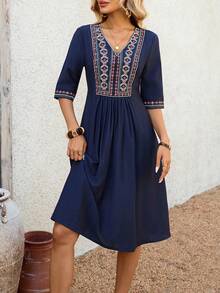 EMERY ROSE 女士几何印花V领短袖休闲中长连衣裙 - 藍色 - 查看 1