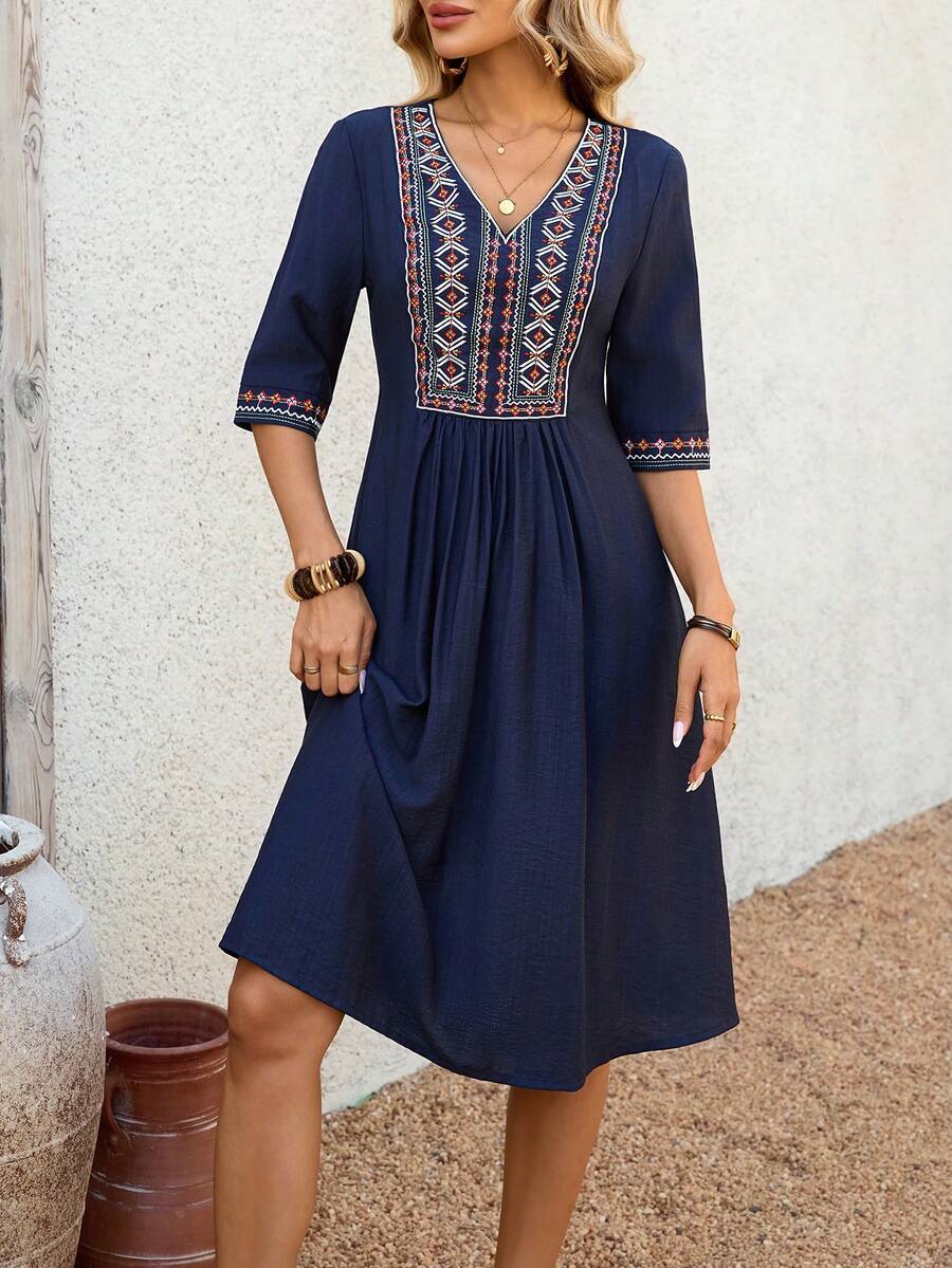 EMERY ROSE 女士几何印花V领短袖休闲中长连衣裙 - 藍色 - 查看 1