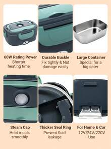 Teckwe Hộp cơm điện kiêm máy hâm nóng thức ăn, 7 trong 1, máy hâm nóng di động bằng thép không gỉ, hộp, nĩa và thìa, màu xanh lá cây, thích hợp cho người lái xe/người đi làm/làm quà tặng - Phích cắm EU - Phích cắm loại C của EU (220-240V) - Xem 7