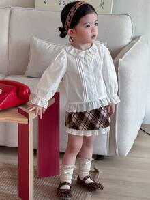 DAZY 女童格子荷叶边撞色韩版半身裙，冬季款 - 咖啡棕 - 查看 10