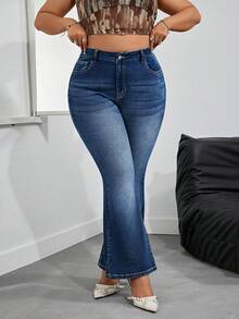SHEIN PETITE CURVE Quần jean denim co giãn màu trơn dáng rộng, cỡ lớn - Rửa tối - Xem 7