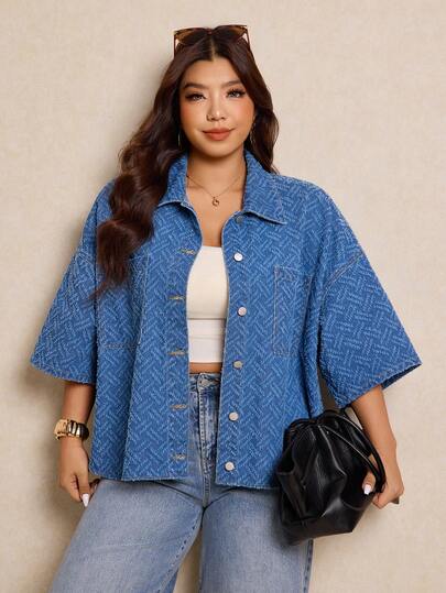 Elaquor 大码女式落肩单排扣休闲口袋牛仔宽松衬衫