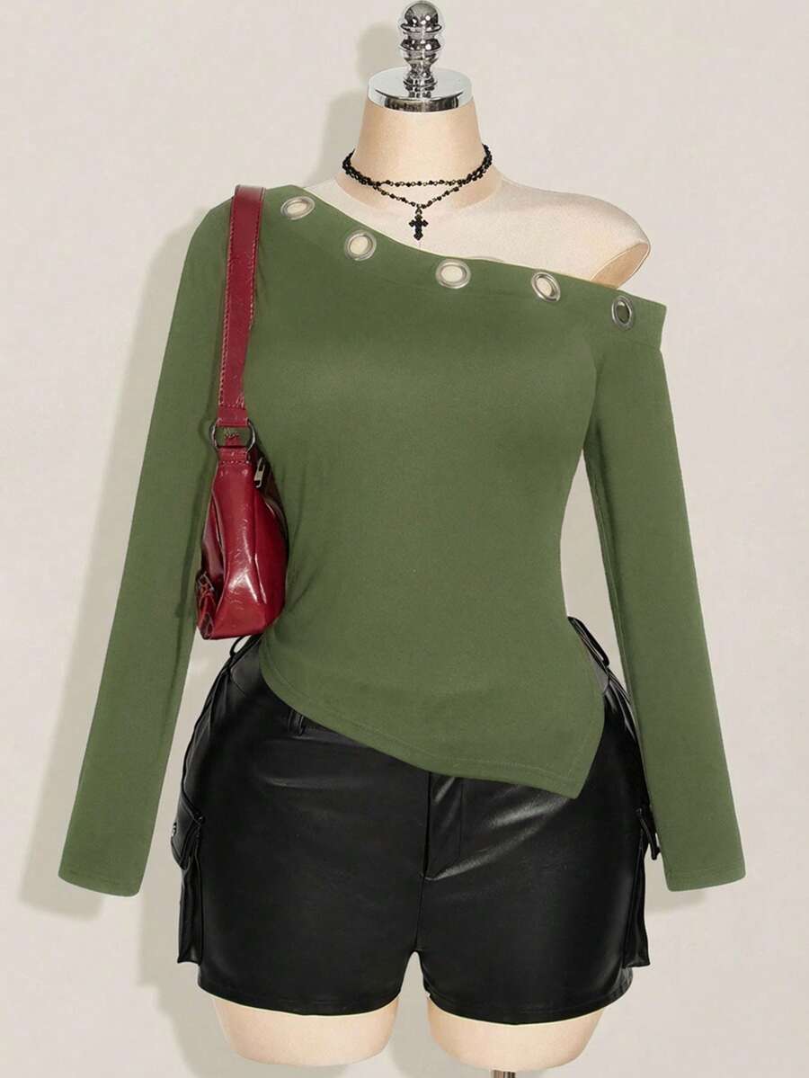 SHEIN ICON 大码斜肩金属孔眼装饰针织长袖上衣,秋季Y2K复古时尚针织毛衣 - 軍綠色 - 查看 1
