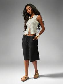 MISSGUIDED 亚麻质感长款百慕大短裤，抽绳腰带设计，侧边口袋，夏季穿着舒适。 - 黑色 - 查看 5