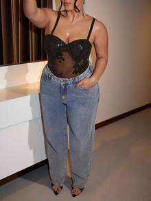 SHEIN BAE 大码女式黑色亮片性感连体衣，吊带上衣 - 黑色 - 查看 9