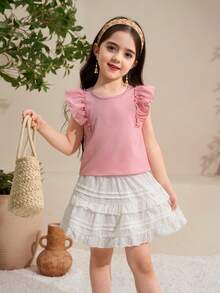 Elladie kids 少女圆领休闲可爱日常上衣，后背饰有蝴蝶结，荷叶袖 - 粉色 - 查看 3