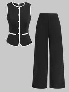 Girlism 少女无袖上衣和裤子套装，白色珍珠纽扣，优雅复古风黑色两件套裤装，全套黑色西装女裤套装 - 黑與白 - 查看 6