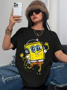 SpongeBob SquarePants | SHEIN 大码卡通图案休闲黑色圆领短袖T恤 - 黑色 - 查看 1