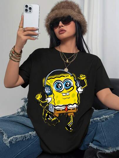SpongeBob SquarePants | SHEIN 大码卡通图案休闲黑色圆领短袖T恤