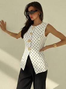 Aloruh Women's Casual Commuter Polka Dot Print Front Button Vest, Summer - Black and White - View 6