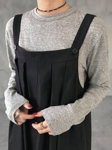 FRIFUL Women's Pleated Solid Color Maxi Pinafore Dress Sundress - Black - View 3