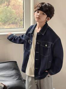 DAZY 青少年男童休闲时尚街头通勤翻盖口袋撞色缝线落肩宽松牛仔夹克，春秋季