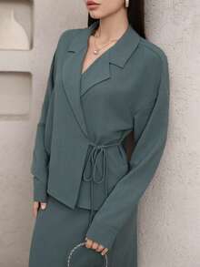 Veilorie Completo elegante da donna composto da top a maniche lunghe con laccio e gonna lunga, in tinta unita - Blu verde acqua - Visualizzare 2